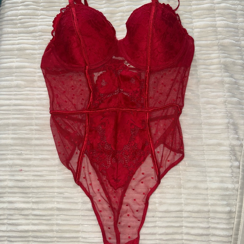 Honeydew Intimates Red Lace Sheer Teddy Bodysuit